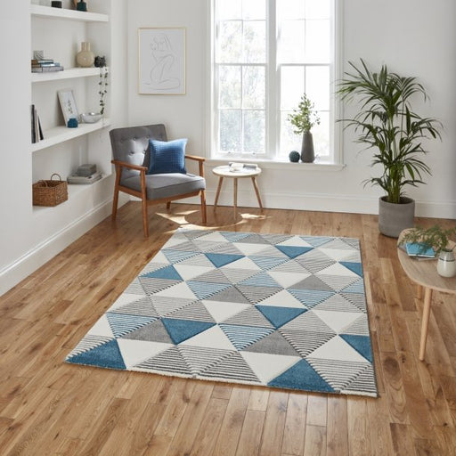 Modern Grey & Blue Triangular Geometric Pattern Rug – Stylish Home Décor Piece – Multiple Sizes