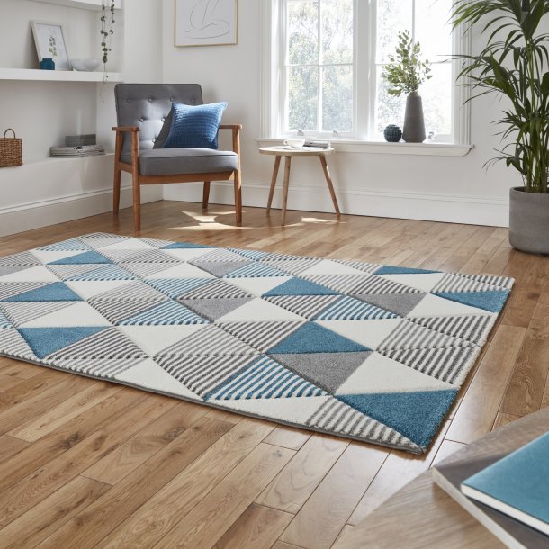 Modern Grey & Blue Triangular Geometric Pattern Rug – Stylish Home Décor Piece – Multiple Sizes