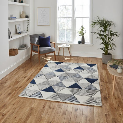 Stylish Grey & Navy Blue Geometric Triangle Rug – Modern Design – Multiple Sizes