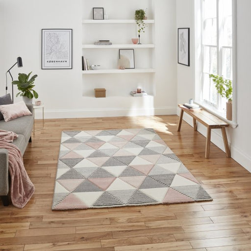  Stylish Grey & Rose Geometric Pattern Rug – Soft Triangular Design – Multiple Sizes