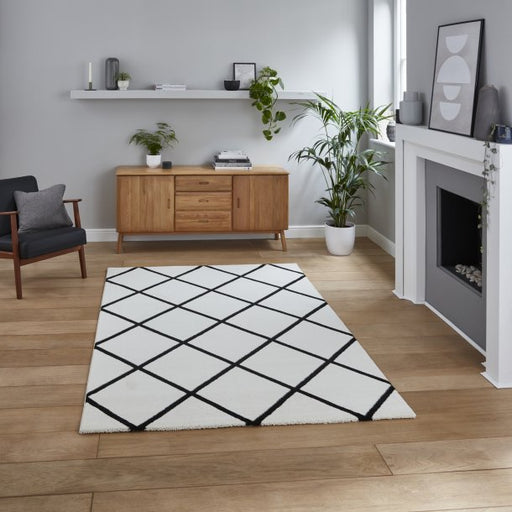 Elegant Cream & Black Geometric Diamond Area Rug – Modern Design – Multiple Sizes