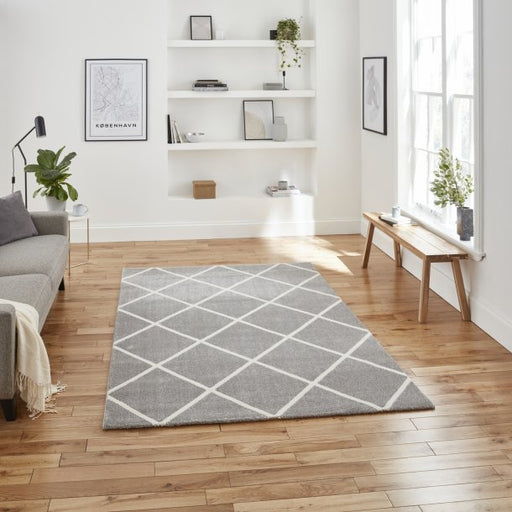 Modern Grey & Cream Diamond Lattice Pattern Rug – Elegant Contemporary Design – Multiple Sizes