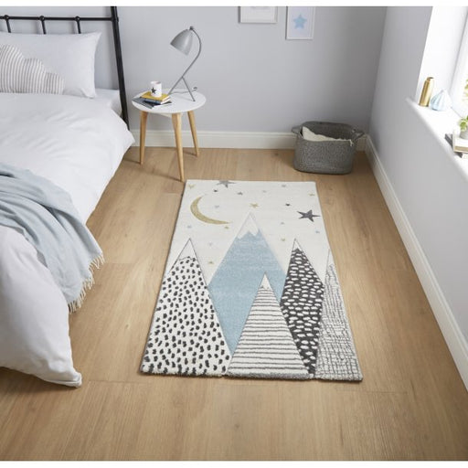 Adorable Blue Mountain & Moon Kids' Rug - Playful Nursery Decor - 120 x 170 cm