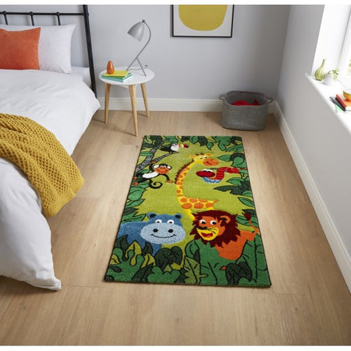 Colorful Jungle Animal Rug - Fun Giraffe, Lion & Hippo Design - Green 120 x 170 cm