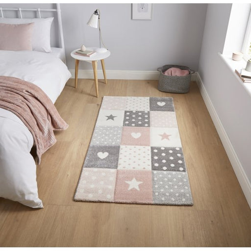 Sweet Patchwork Kids Rug - Soft Pink & Grey Design with Stars and Hearts - 120 x 170 cm