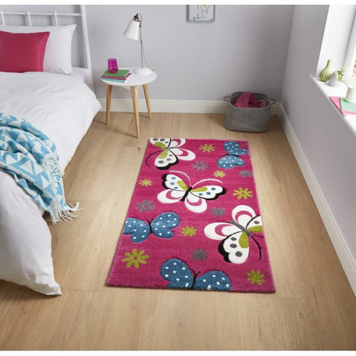 Vibrant Pink Butterfly Pattern Rug - Playful Kids Design - Multiple Sizes