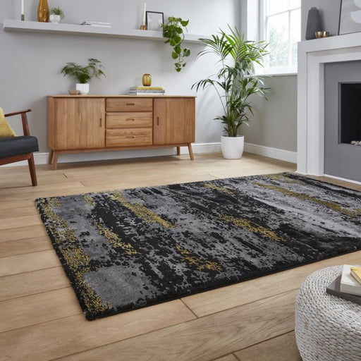 Luxury Black & Gold Area Rug - Distressed Modern Design - Multiple Sizes