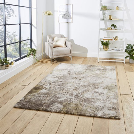 Luxurious Beige & Gold Abstract Area Rug - Distressed Finish - Multiple Sizes