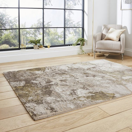 Luxurious Beige & Gold Abstract Area Rug - Distressed Finish - Multiple Sizes