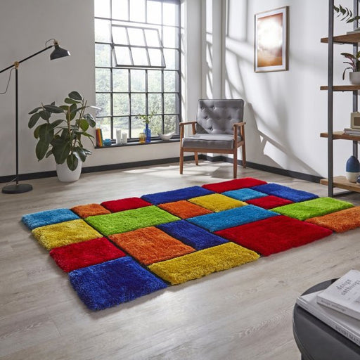 Bright Multicolored Block Shaggy Rug - High-Pile Vibrant Design for Playful Interiors