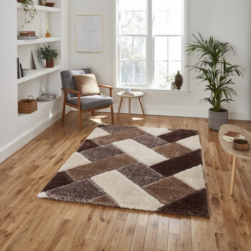 Warm Beige & Brown Geometric Shaggy Rug – Soft Plush Modern Design – Multiple Sizes