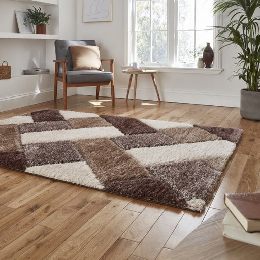 Warm Beige & Brown Geometric Shaggy Rug – Soft Plush Modern Design – Multiple Sizes