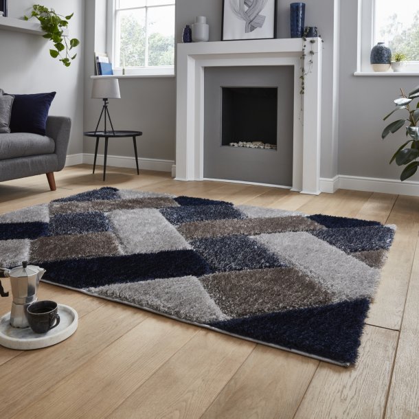 Elegant Grey & Navy Geometric Shaggy Rug – Plush Texture Modern Design – Multiple Sizes