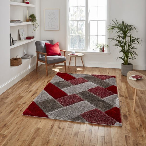 Striking Red & Grey Geometric Shaggy Rug – Soft Plush Modern Design – Multiple Sizes