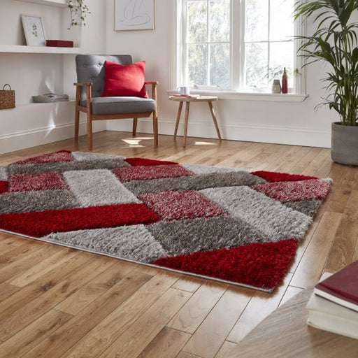 Striking Red & Grey Geometric Shaggy Rug – Soft Plush Modern Design – Multiple Sizes