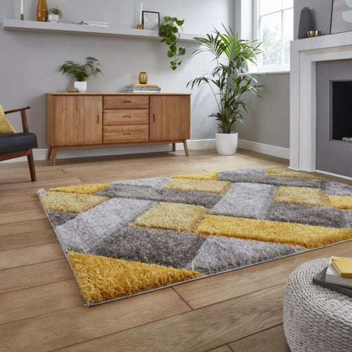 Striking Grey & Yellow Geometric Shaggy Rug – Soft Plush Texture – Multiple Sizes