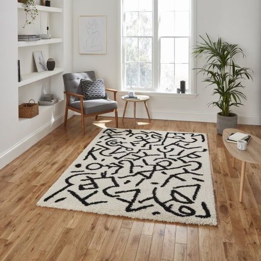  Abstract White & Black Scribble Pattern Shag Rug – Modern Artistic Design – Multiple Sizes