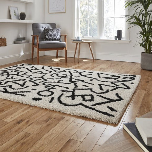  Abstract White & Black Scribble Pattern Shag Rug – Modern Artistic Design – Multiple Sizes