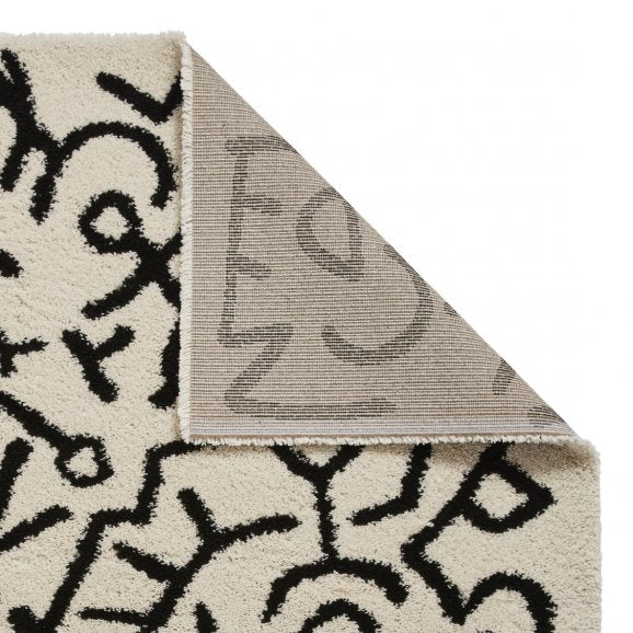 Abstract White & Black Scribble Pattern Shag Rug – Modern Artistic Design – Multiple Sizes