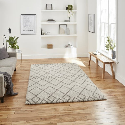 Elegant Cream & Grey Diamond Geometric Shaggy Rug – Soft Polypropylene Blend – Multiple Sizes