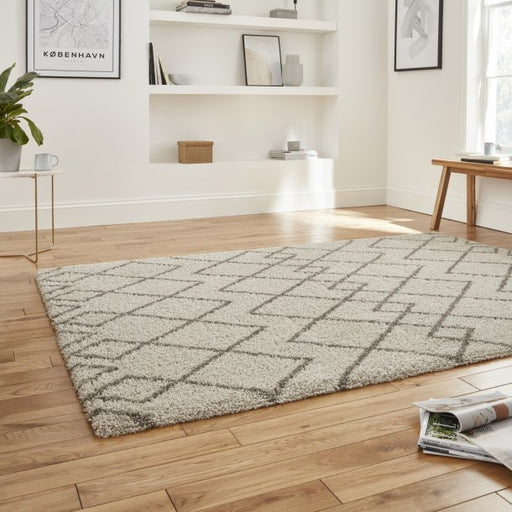 Elegant Cream & Grey Diamond Geometric Shaggy Rug – Soft Polypropylene Blend – Multiple Sizes