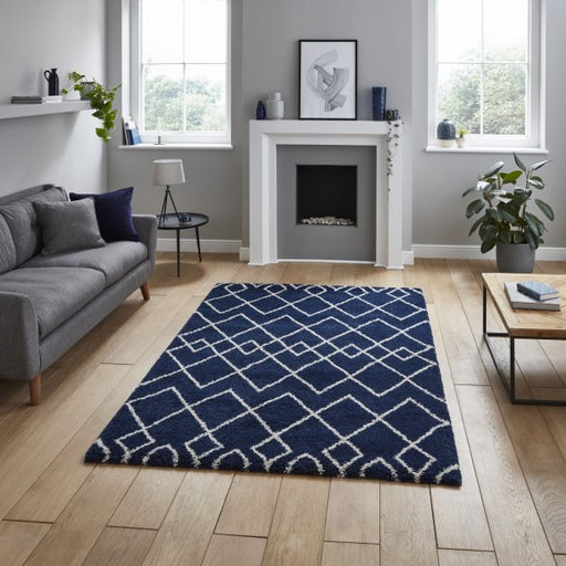 Vintage Navy Blue Geometric Diamond Pattern Area Rug – Soft & Durable Polypropylene Blend – Multiple Sizes Available