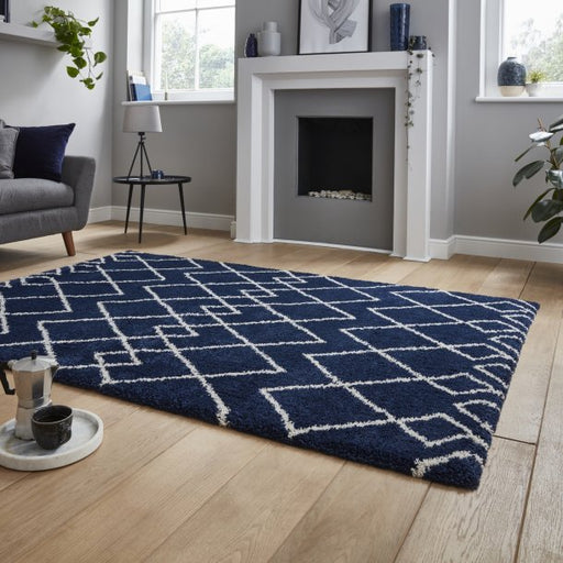 Vintage Navy Blue Geometric Diamond Pattern Area Rug – Soft & Durable Polypropylene Blend – Multiple Sizes Available