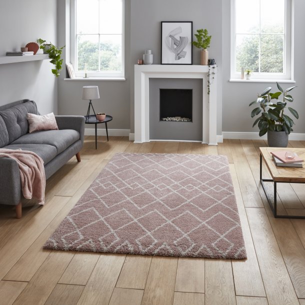  Luxurious Soft Rose Diamond Pattern Shag Rug – Geometric Design – Multiple Sizes