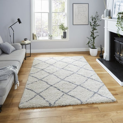  Luxurious Cream & Grey Diamond Shaggy Rug – Soft Plush Texture – Multiple Sizes