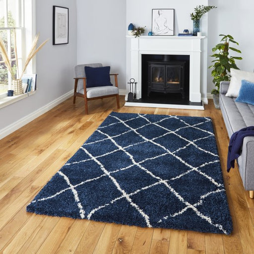 Elegant Navy & Cream Shaggy Area Rug - Geometric Pattern - Multiple Sizes