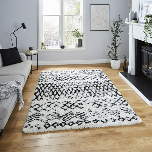 Modern White & Black Tribal Shaggy Rug - Bold Geometric Pattern - Multiple Sizes