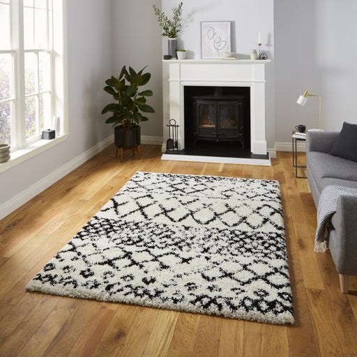 Stylish White & Black Geometric Shaggy Rug - Moroccan-Inspired Design - Multiple Sizes