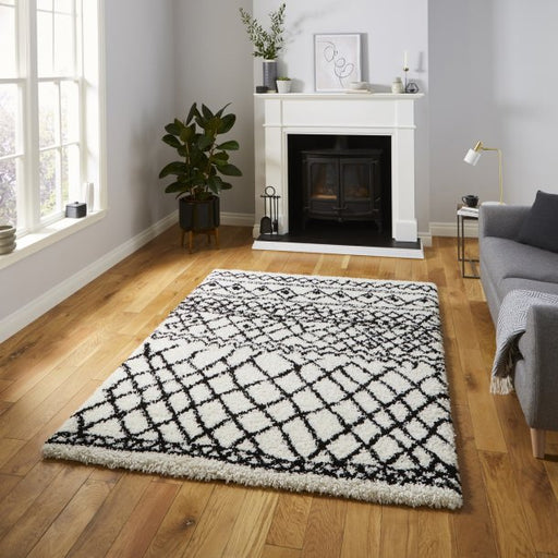 Modern White & Black Crisscross Shaggy Rug - Geometric Design - Multiple Sizes