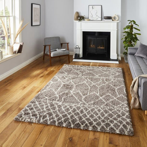 Charming Beige & Cream Shaggy Rug with Geometric Pattern - Cozy Design - Multiple Sizes