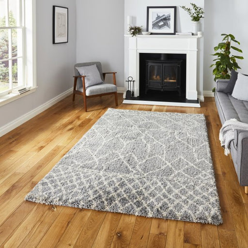 Luxurious Grey & Cream Shaggy Area Rug - Geometric Pattern Design - Multiple Sizes