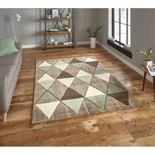 Stylish Beige & Green Geometric Triangle Pattern Rug – Multi-Texture Modern Design – Multiple Sizes