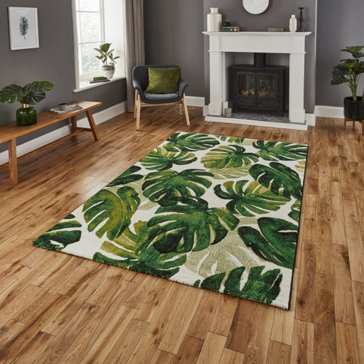 Elegant Green Tropical Leaf Area Rug - Vibrant Botanical Design - Multiple Sizes