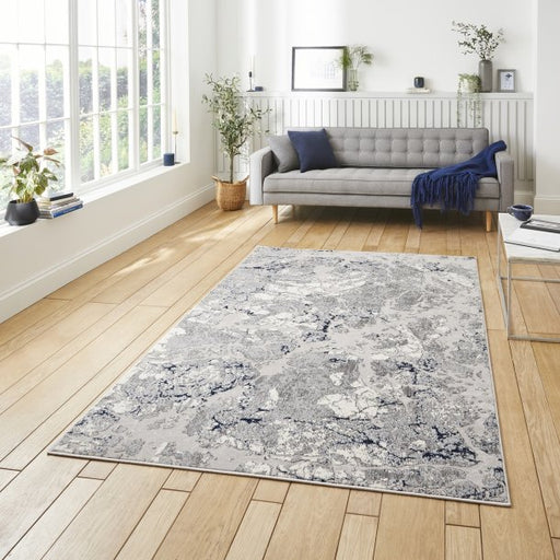 Elegant Grey & Navy Wool Area Rug with Marble Effect Pattern – Multiple Sizes Available