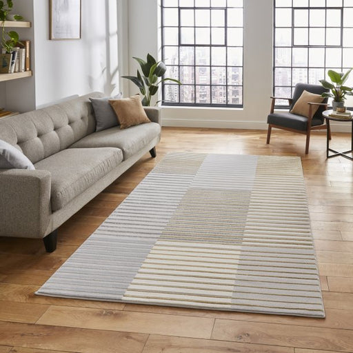 Elegant Grey & Gold Wool Area Rug with Geometric Striped Design – Multiple Sizes