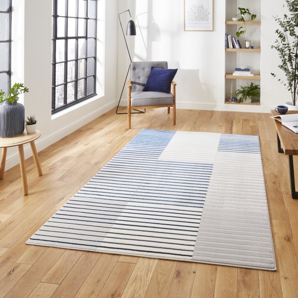 Contemporary Grey & Navy Wool Area Rug with Geometric Stripe Design – Multiple Sizes Available