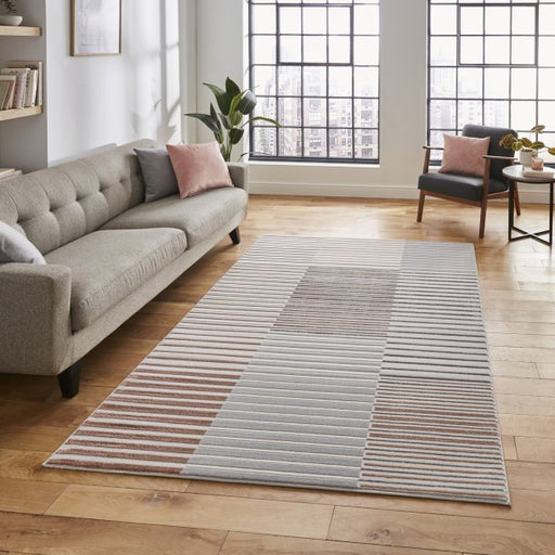 Elegant Grey & Rose Striped Area Rug - 100% Wool Construction - Multiple Sizes