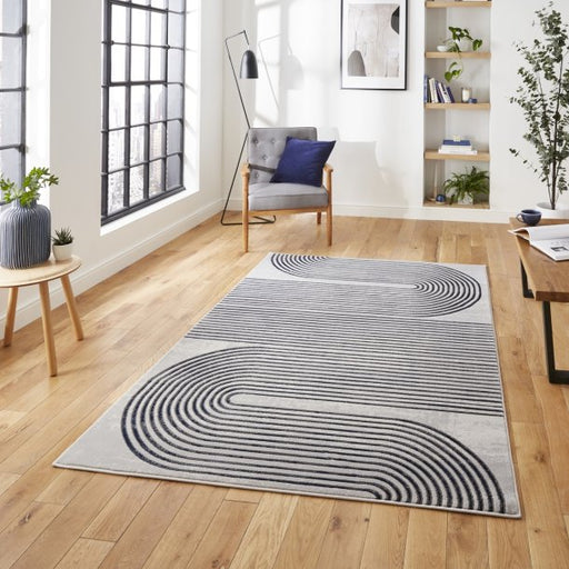 Modern Grey & Navy Wool Area Rug with Abstract Line Design – Multiple Sizes Available