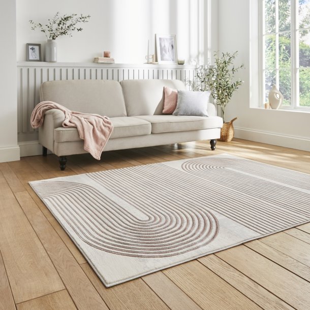 Elegant Grey & Rose Wool Area Rug with Modern Curved Line Design – Multiple Sizes