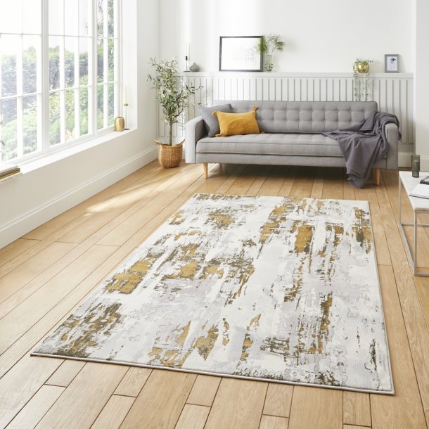 Abstract Ivory & Gold Wool Rug – Contemporary Distressed Design, Luxurious 100% Wool – Multiple Sizes