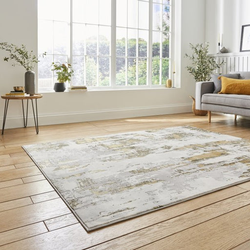 Abstract Ivory & Gold Wool Rug – Contemporary Distressed Design, Luxurious 100% Wool – Multiple Sizes