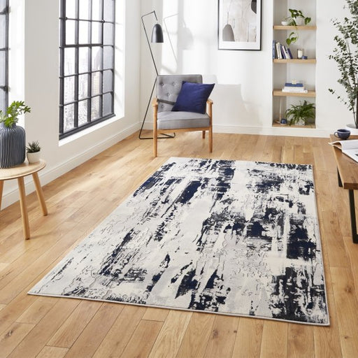 Modern Grey & Navy Wool Area Rug with Abstract Distressed Design – Multiple Sizes