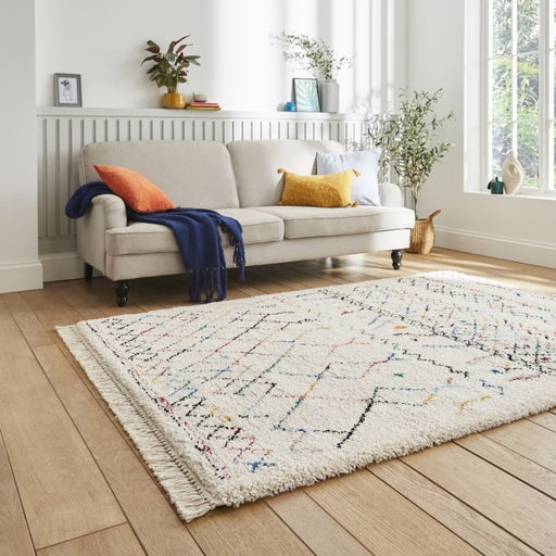 Elegant Multicolored Moroccan Diamond Pattern Rug – Bohemian Fringe Design, Soft High-Pile Texture – Multiple Sizes