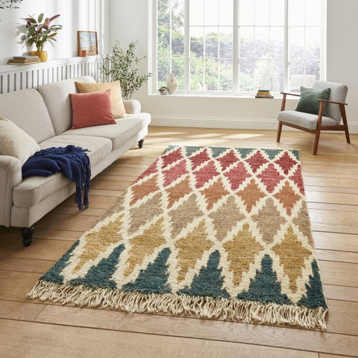 Vibrant Multicolored Diamond Pattern Rug – Bohemian Fringe Design, High-Pile Texture – Multiple Sizes