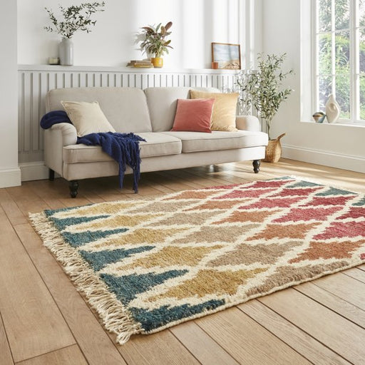 Vibrant Multicolored Diamond Pattern Rug – Bohemian Fringe Design, High-Pile Texture – Multiple Sizes