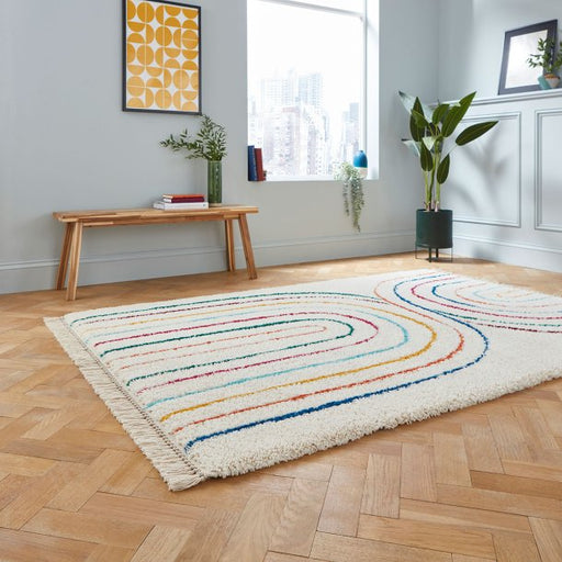 Playful Multicolored Rainbow Arch Area Rug with Tassel Fringe – Multiple Sizes